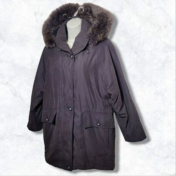 London Fog Genuine Fur Brown Parka Luxurious Fur Hood Removable Zip Jacket - Picture 5 of 8